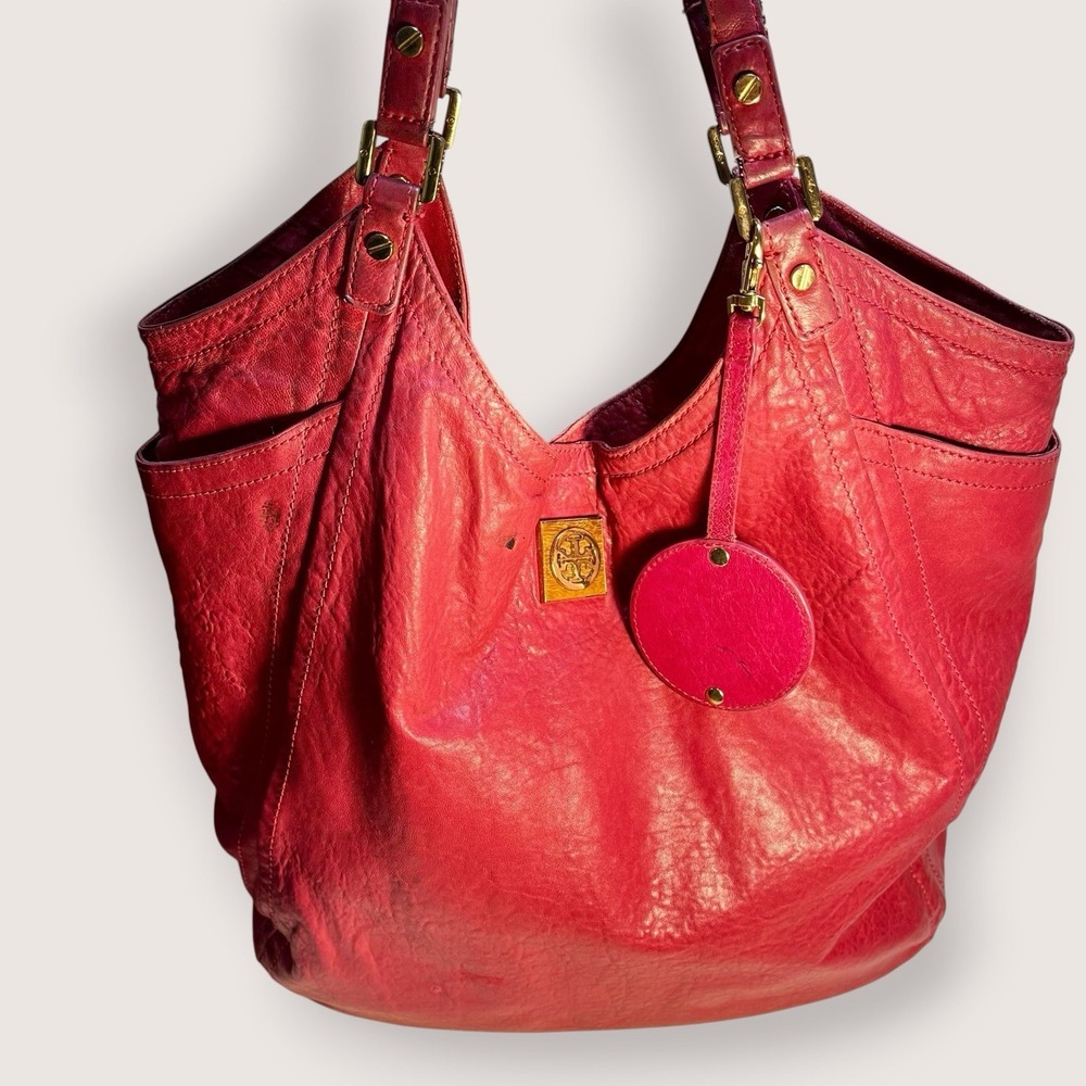 TORY BURCH Louisa Calfskin Leather Slouch Bag Pink Rose Red Merlot Large READ‎